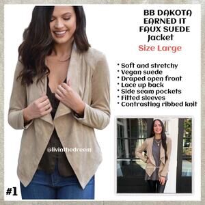 BB DAKOTA EARNED IT FAUX SUEDE DRAPE FRONT JACKET SZ L $105